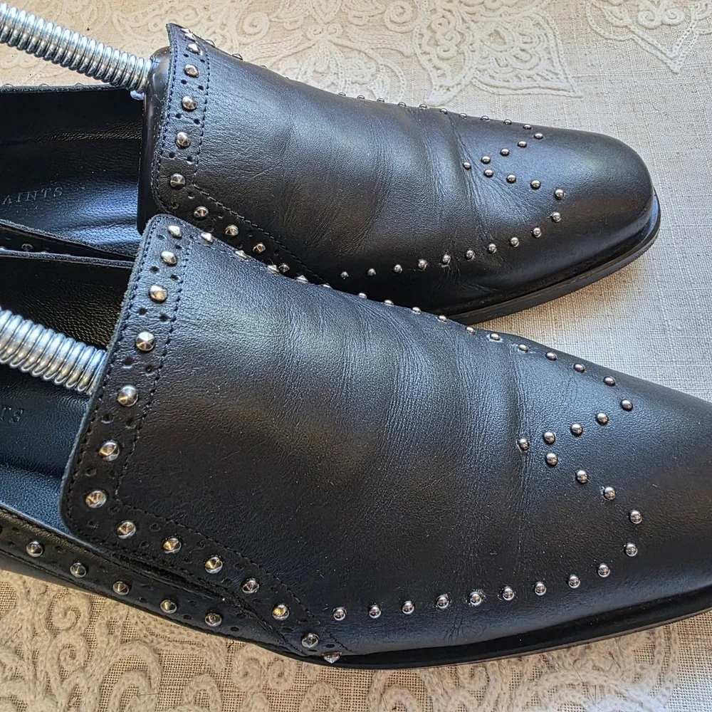 AllSaints Leather Studded Loafers 39 8.5 Black Silver Stud Slip On Shoe Portugal